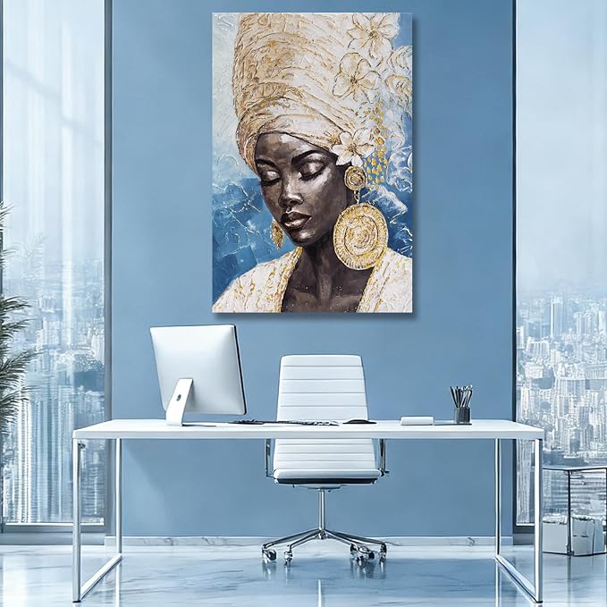 Dolidoteart Blue Gold Black Woman Wall Art, Large African American Canvas Wall Art for Living Room Bedroom Office, Modern Portrait Wall Art Print, 32x48 Inch