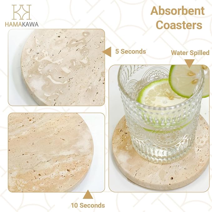 Turkish Natural Marble Coasters Set of 4, Round Travertine Coasters 4 inch, Beige Stone Drink Coaster for Home Decor, Coffee Table, Office
