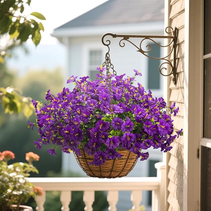 Grunyia Artificial Faux Flowers for Outdoor 16 Bundles Boxwood Fake Morning Glory for Planter,UV Resistant Fake Flowers for Home Porch Patio Outside (Purple)