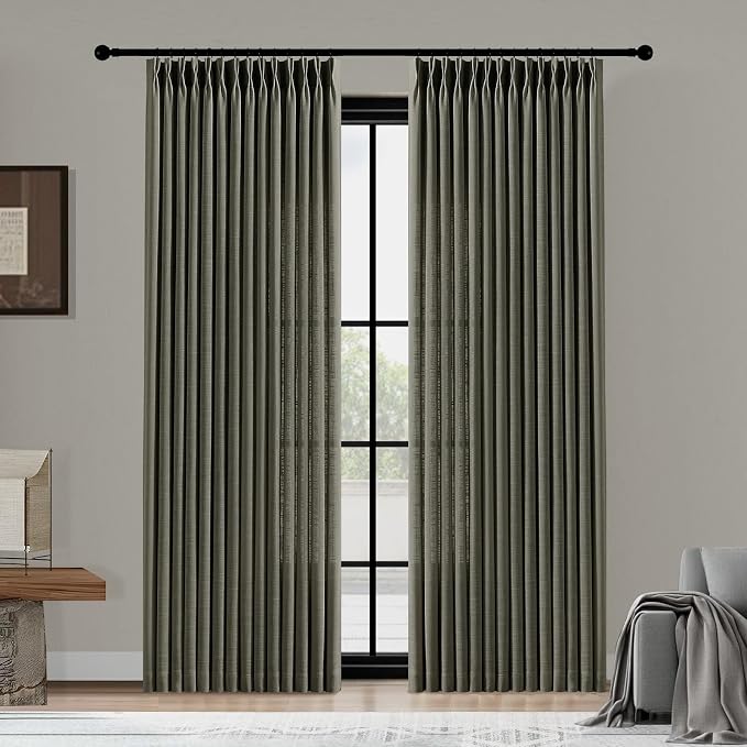 Dark Grey Pinch Pleated Linen Curtains 84 Inches Long for Living Room, Light Filtering Pleat Drapes Textured Thick Memory Trained Semi-Sheer Window Curtain with Hooks for Bedroom Dining Room, 2 Panels