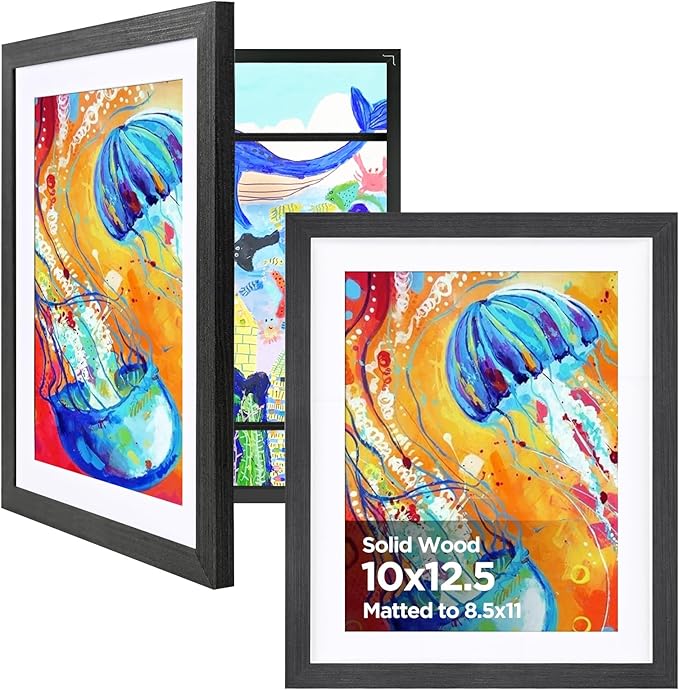 KINLINK 10x12.5 Kids Art Frame Set of 2, Solid Wood Kids Artwork Frames Changeable with Front Opening Hold 150 Pictures, Art Frames for Kids Art with Mat，without Mat 10x12.5 Picture Frame Black Wood