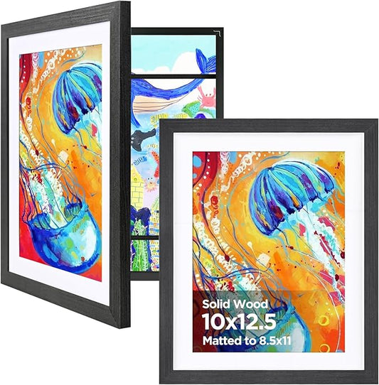 KINLINK 10x12.5 Kids Art Frame Set of 2, Solid Wood Kids Artwork Frames Changeable with Front Opening Hold 150 Pictures, Art Frames for Kids Art with Mat，without Mat 10x12.5 Picture Frame Black Wood