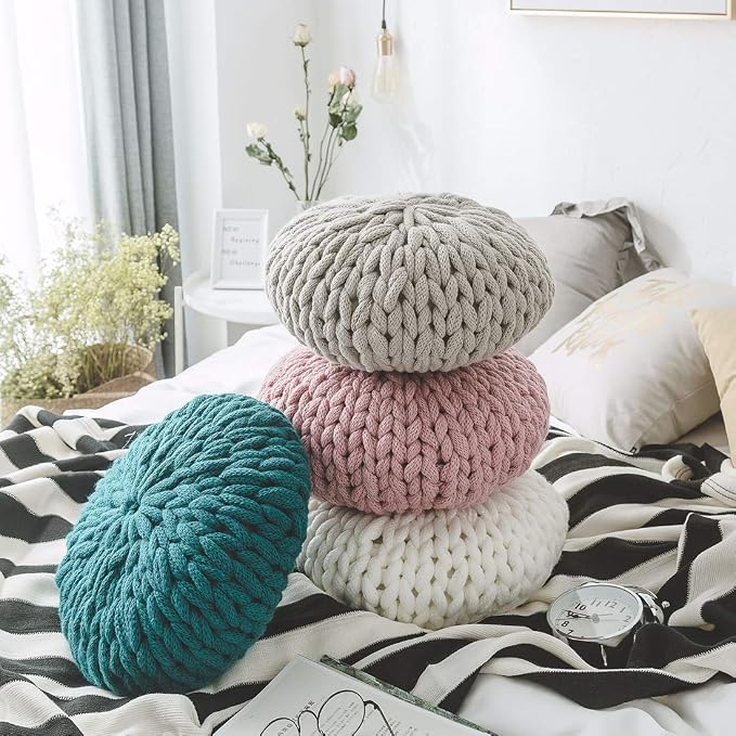 vctops Chunky Knit Round Shaped Throw Pillows with Insert Super Soft Cozy Decorative Handmade Cushions (Pink, Diameter 16")