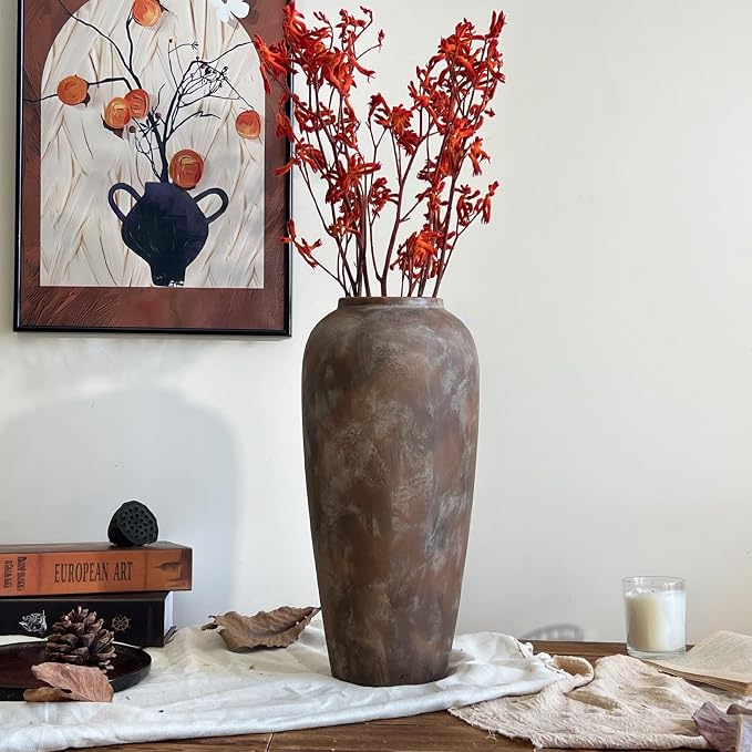 15 Inch Ceramic Rustic Farmhouse Vase, Handmade Pottery Flower Vases for Home Decor, Brown Ceramic Vase for Living Room, Table Centerpieces & Shelf Decor, Wedding Gifts