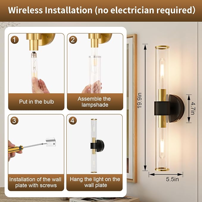 Morauroral Battery Operated Wall Sconce, 20 Inch Rechargeable Wall Lights with Remote, Black Gold Modern Wireless Wall Lamp for Bedroom, Living Room with White Shade (Bulbs Included)