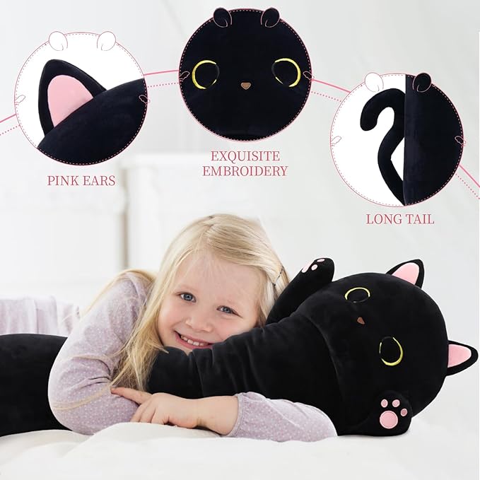 MaoGoLan Long Cat Body Pillow for Kids, 44'' Big Kitten Plush for Adults, Big Black Cat Stuffed Animal for Girl, Large Kitten Plush Throw Pillow for Birthday Gift, Baby Shower Party Favor Decor