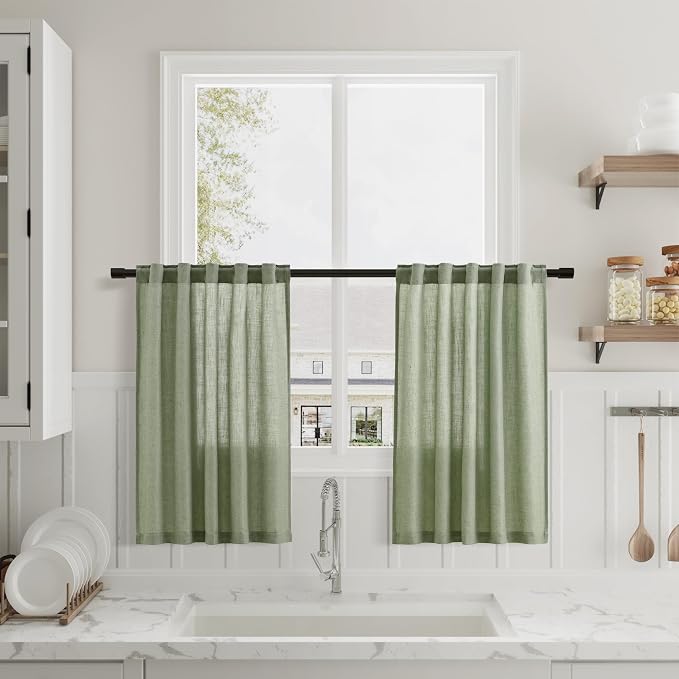 Light Sage Kitchen Linen Curtains 36 Inch Length 2 Pack Privacy Light Filtering Linen Short Drapes with Rod Pocket Back Tab for Small Windows Cafe Bathroom Mediterranean Style Laundry Room 36Wx36L