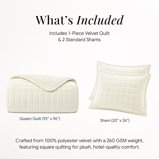 Tribeca Living Luxury Velvet Quilt Queen Size Set - 260GSM Ultra-Soft Oversized Velvet Bedspread Comforter Set with 2 Shams, in Florence Ivory