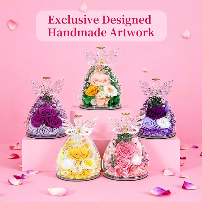 Gifts for Women Preserved Rose Forever Flower Eternal Roses in Glass Angel Figurines Fresh Flowers for Delivery Prime Mothers Day Birthday Gift for Mom Grandma Wife on Valentines Day Anniversary