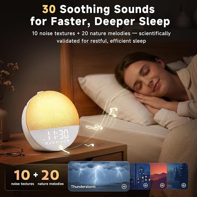 Geuuap Sunrise Alarm Clock White Noise Machine | Natural Wake-Up Light for Bedroom with 30 Soothing Sleep Aids, Bluetooth Speaker, Dimmable Clock, Screen-Free Design for Baby Adults Kids-White
