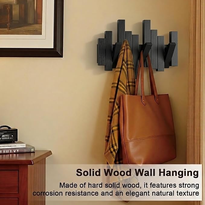 Modern Wooden Coat Rack, key holder wall mount– Handmade Solid Walnut Flip Hook Rack with Hidden Mount, Decorative Entryway Wall Hooks for Coats, Bags & Hats, Space-Saving Design (Black, 3Hooks)