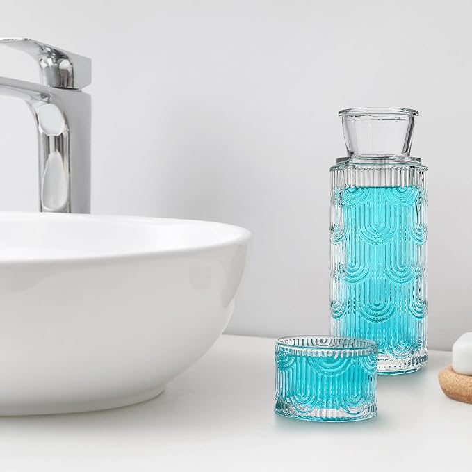 Coloch 4Pcs Bedside Glass Carafe Set With Tumbler, 21 Oz Glass Water Pitcher with 6 Oz Cup as Lid Vintage Mouthwash Dispenser Nightstand Carafe and Cup for Midnight Drink Set, for Bedroom, Bathroom