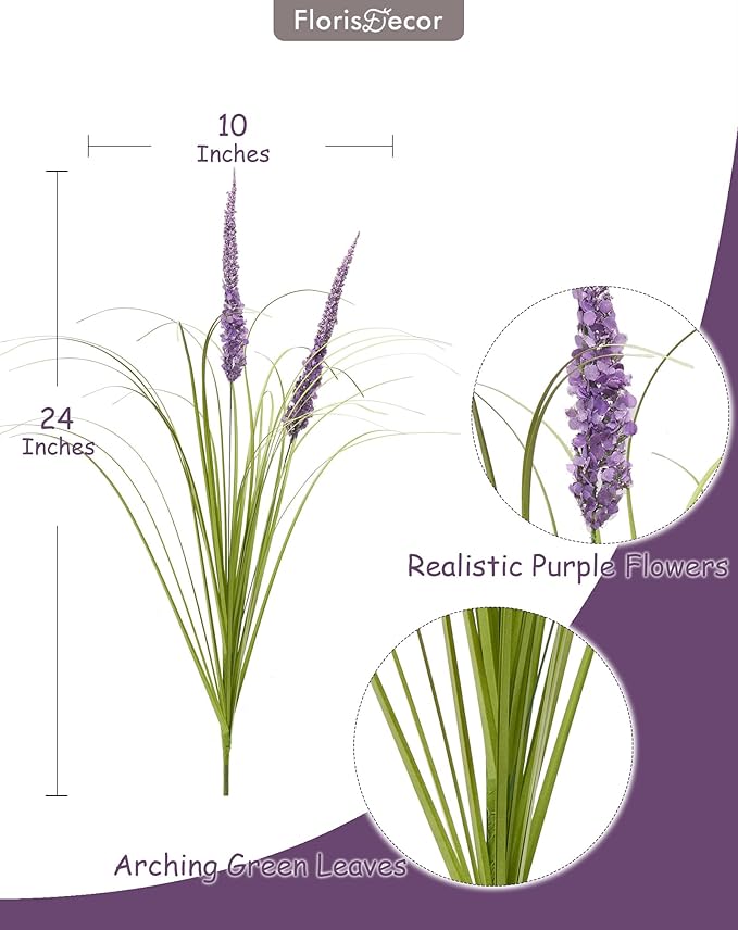 24'' Tall Faux Lily Turf (Liriope Muscari), Realistic Ornamental Grass with Small Violet-Purple Flowers (6 Pack)