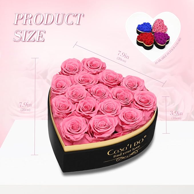 Casaido Preserved Roses Flowers for Delivery 16 Pcs, Mothers Day Rose Gifts for Her, Forever Flores in Heart Box with Necklace, Anniversary Birthday Christmas Vanlentines Gift for Wife Mom, Pink