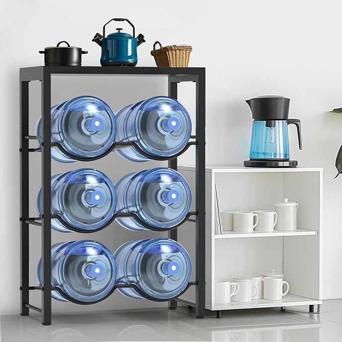 Semoprus 5 Gallon Water Bottle Holder for 6 Bottles, 3 Tiers Heavy-Duty Water Cooler Jug Rack with Reinforcement Frame for Home, Office, Restaurant