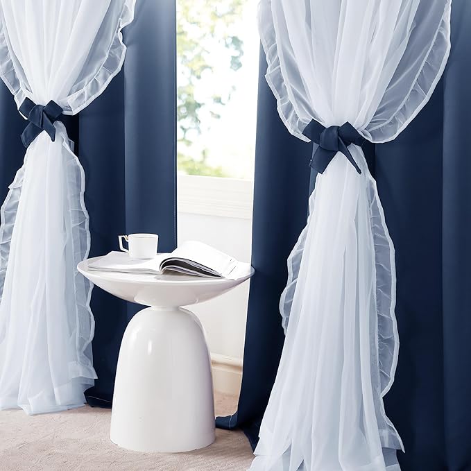 PONY DANCE Gradient Kids Curtains for Bedroom Decorative Drapes, Double Layer Curtain Ruffle Sheer Overlay Room Darkening Pretty Chic Princess, 52x84 inch, Ombre-Blue, 2 PCs