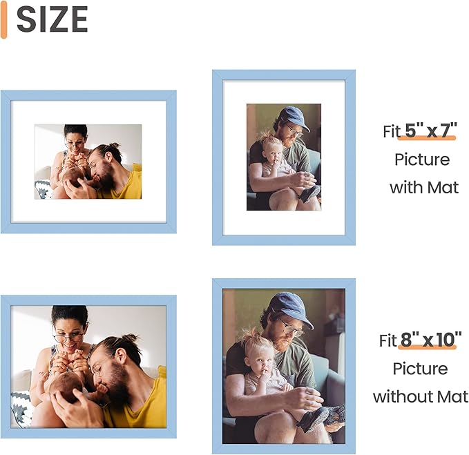 upsimples 8x10 Picture Frame, Display Pictures 5x7 with Mat or 8 x 10 Without, Wall Hanging Photo Frames, Blue, 1 Pack