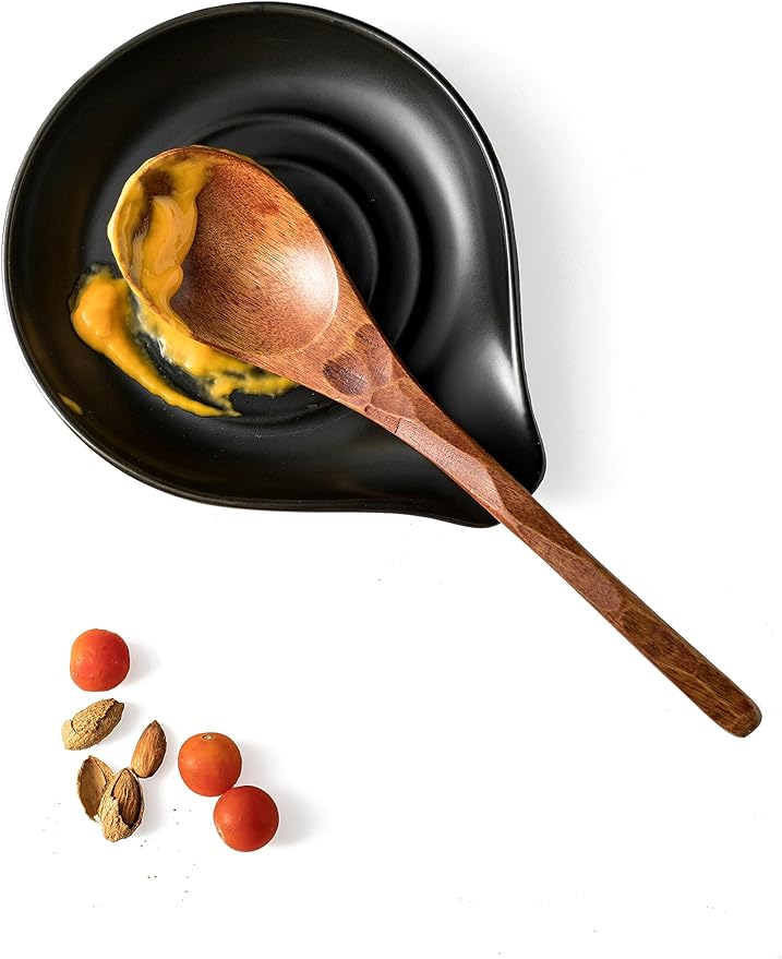 LAUCHUH Spoon Rest for Stove Top, 5 inch Large Cooking Spoon Holder for Kitchen Countertop Ceramic Ladle Holder for Spatula, Tong, Heat-Resistant, Farmhouse Kitchen Decor for Mother‘s Day’, Black