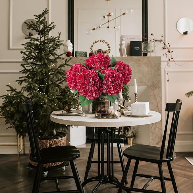 ZYTUYO 5 Pcs Red Silk Hydrangeas Artificial Flower Boho Dried Touch 20'' Faux Hydrangeas for Fall Home Decor Kitchen Living Room Porch Wreath Xmas Wedding Flower Arrangement