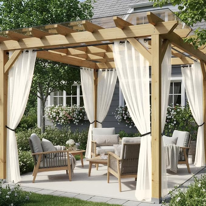 HolidayIdeas Outdoor Curtains for Patio-4 Panels Ivory Linen Semi Sheer Curtains for Patio Waterproof, Privacy Sun Light Indoor Outside Drapes for Gazebo, Pergola, Balcony, Pool, Backyard 54x95 Inch