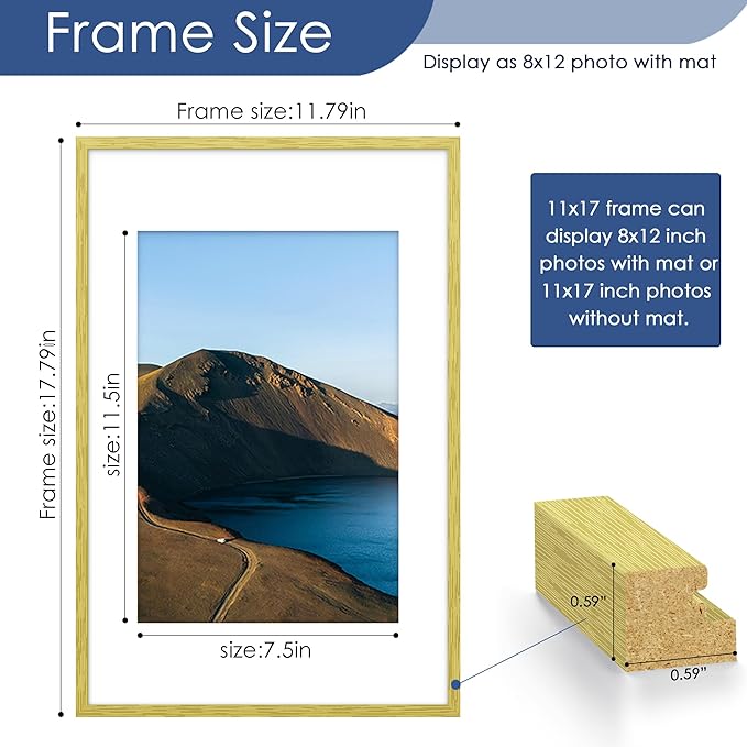 PEALSN 11x17 Picture Frame Set of 6, Display Pictures 8x12 with Mat or 11 x 17 without Mat for Wall Mounting Display, Photo Frames Collage for Wall Decor, Gold