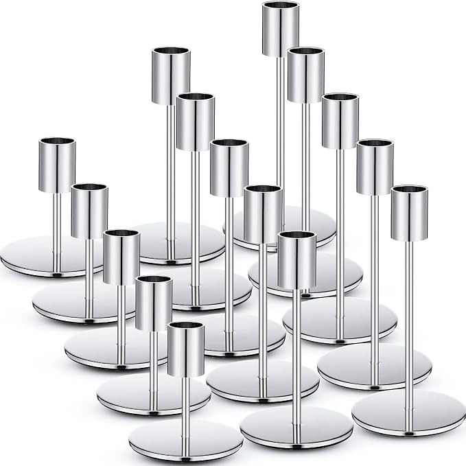 Sieral Candle Holders Bulk Taper Candlesticks Holders Set Modern Decorative Metal Candelabras for Wedding Anniversary Home Dinning Table Centerpiece Xmas Party Decor(Silver,15 Pcs)