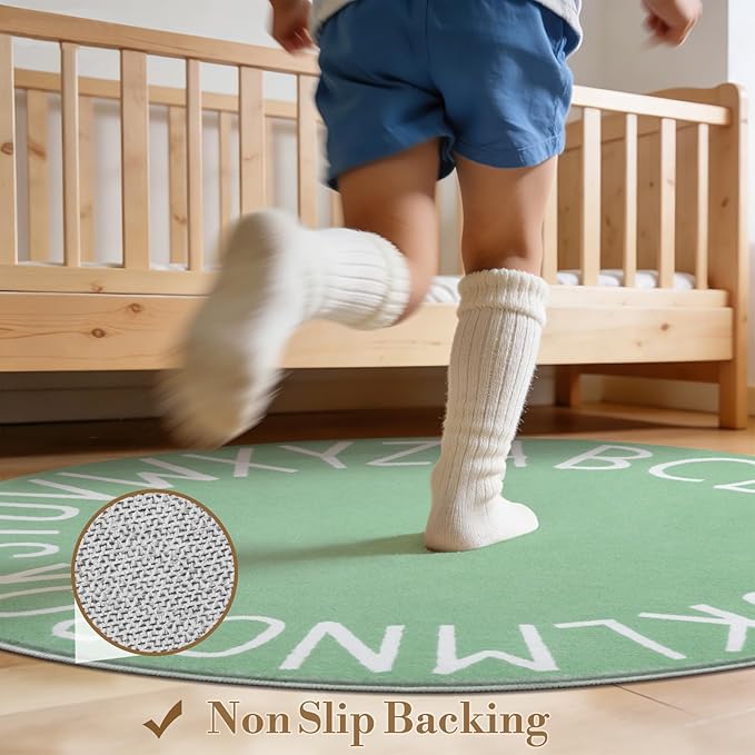 Topotdor Round Kids Play Rug Alphabet Nursery Area Rug Extra Large Soft Crawling Play Mat for Children Toddlers Bedroom (47 inch, Sage Green)