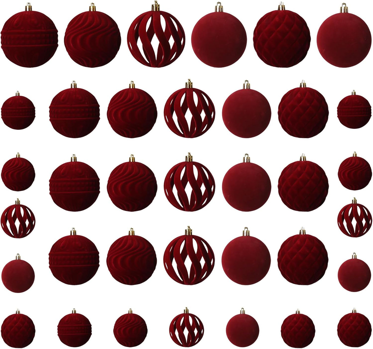 Senjie 36 PCS Velvet Ornaments Balls Sets for Christmas Tree Red Flocked Christmas Balls Assortment for Xmas Tree Holiday Decor