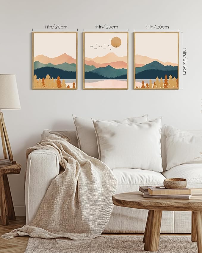 PHOPAGO Mountain Range Landscape Framed Wall Art Watercolor Nature Laker Paints Boho Sun Rises Rustic Room Decor for Kitchen Farmhouse - 11x14in Natural Framed