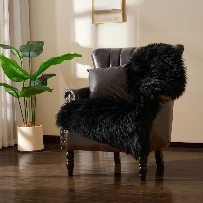 Premium Genuine Sheepskin Area Ruge - Real Wool Fur Shaggy Carpet | Fluffy Soft Natural Lambskin Rug Seat Chair Covers for Couch Sofa Bedroom Living Room(Black,2×3 Feet Sheepskin)