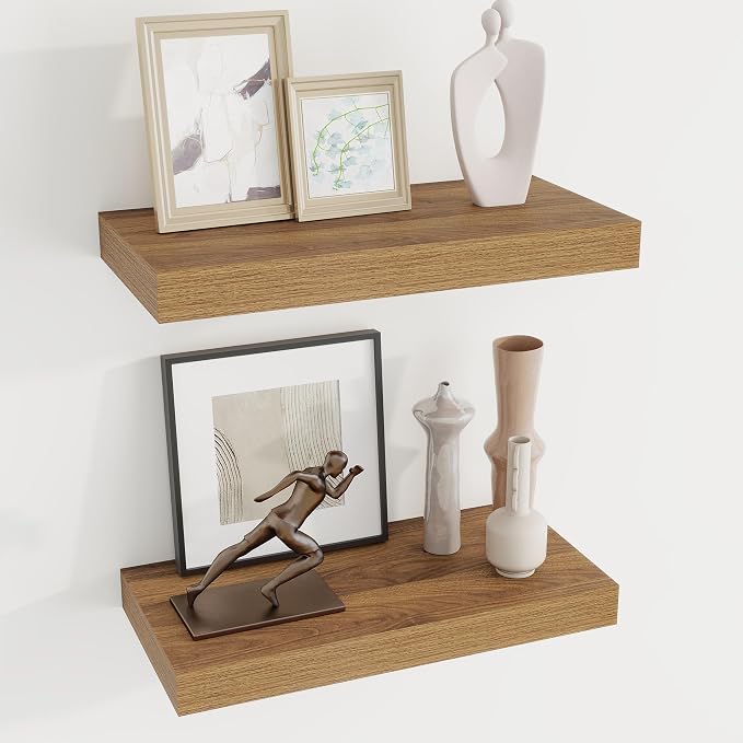 Dreamland 16" Walnut Floating Shelves 6.7" Deep Wall Mounted Set of 2 | Wall shelves for bathroom, bedroom, Living Room, kitchen, deep wall mount wood storage display for home decor 16" x 6.7"