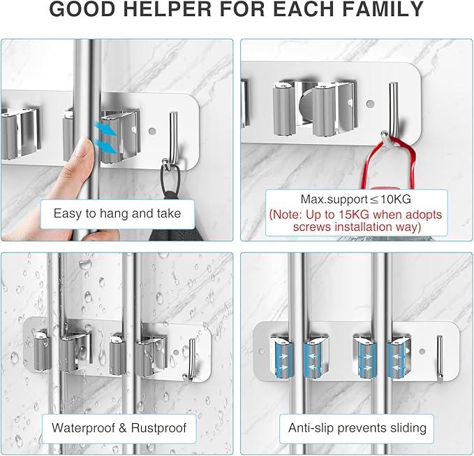homeasy Wall Mount Mop and Broom Holder, Heavy Duty Stainless Steel Organizer Rack with Hooks | 4-Pack, 2-in-1 No Drill & Screw Installation, Silver