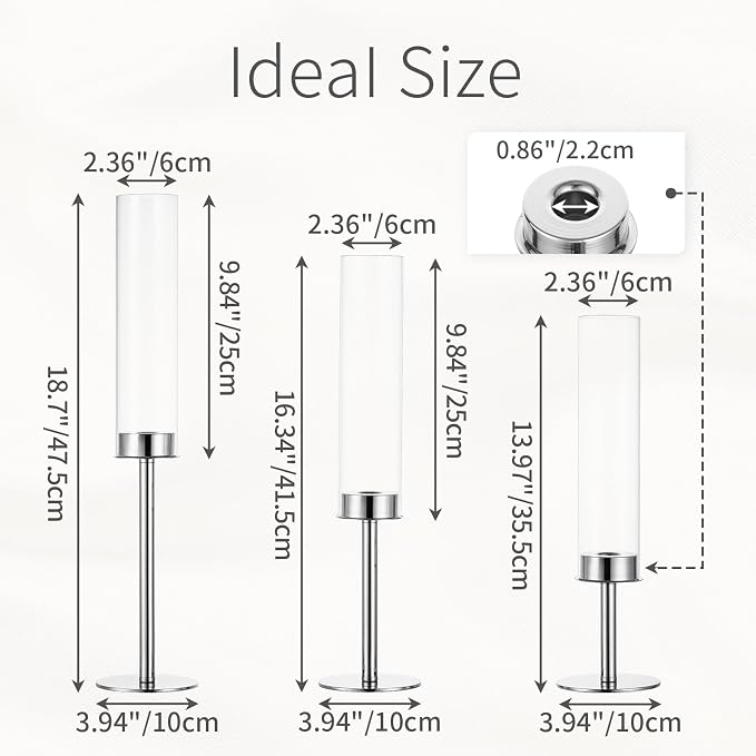 Silver Candle Holders for Candlesticks - Taper Candle Holders with Removable Glass, Tall Silver Candlestick Holders, Candle Stand Candle Sticks Long Holder for Table Centerpiece, Home, 18Pcs