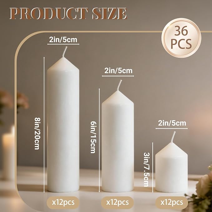 Pillar Candles Bulk Set - Unscented, Smokeless, Dripless | 3 Sizes: 2x3, 2x6, 2x8 Inches | Ideal for Weddings, Christmas & Home Decor (36, White)