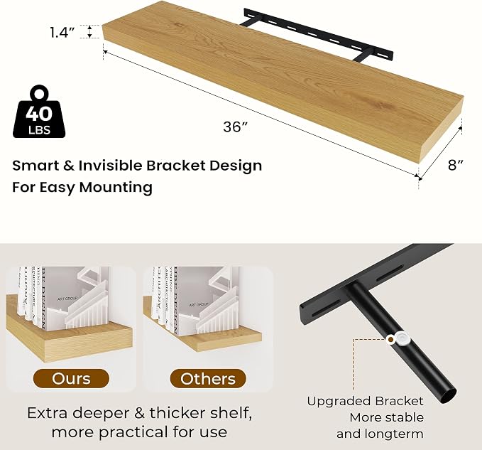 Dreamland 36Inch Floating Shelves 8" Deep Wall Mounted Set of 2 Oak | Wall shelves for bathroom, bedroom, kitchen, deep wall mount wood storage display for home decor 36" x 8"