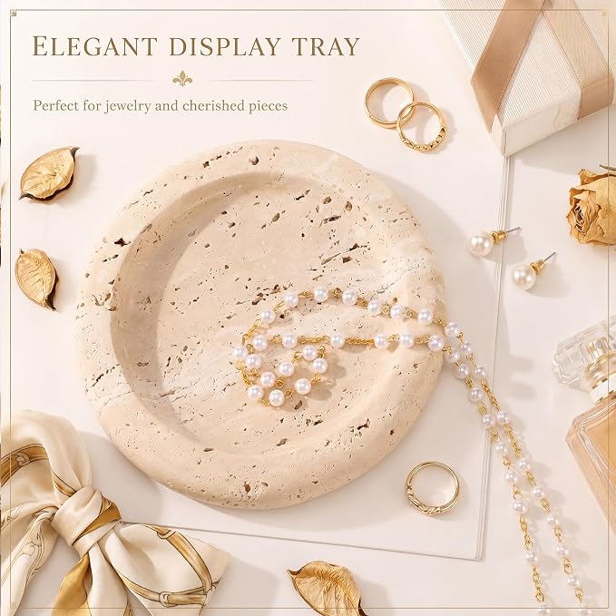Threehoney 5.5 Inch Small Travertine Stone Tray Marble Jewelry Dish Trinket Tray for Women, Perfume, Coffee Table (Round)