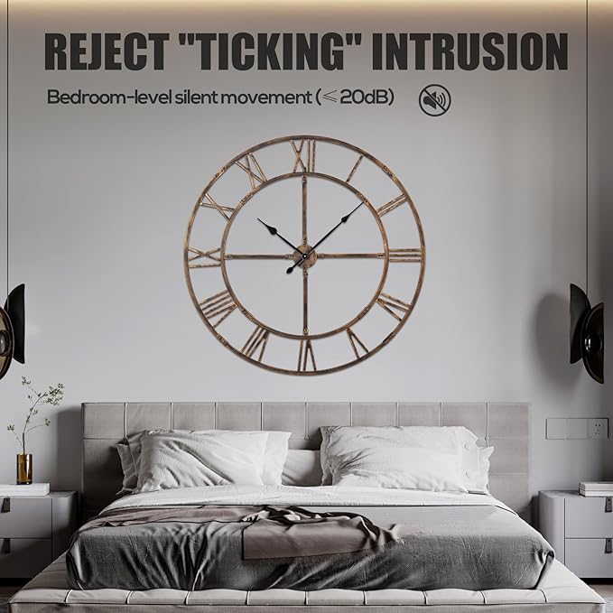 Large Wall Clock for Living Room Decor – 48 Inch Knocked-Down (KD) Silent Non-Ticking Modern Farmhouse Wall Clock, Oversized Decorative Metal Roman Numeral Clock, Bronze