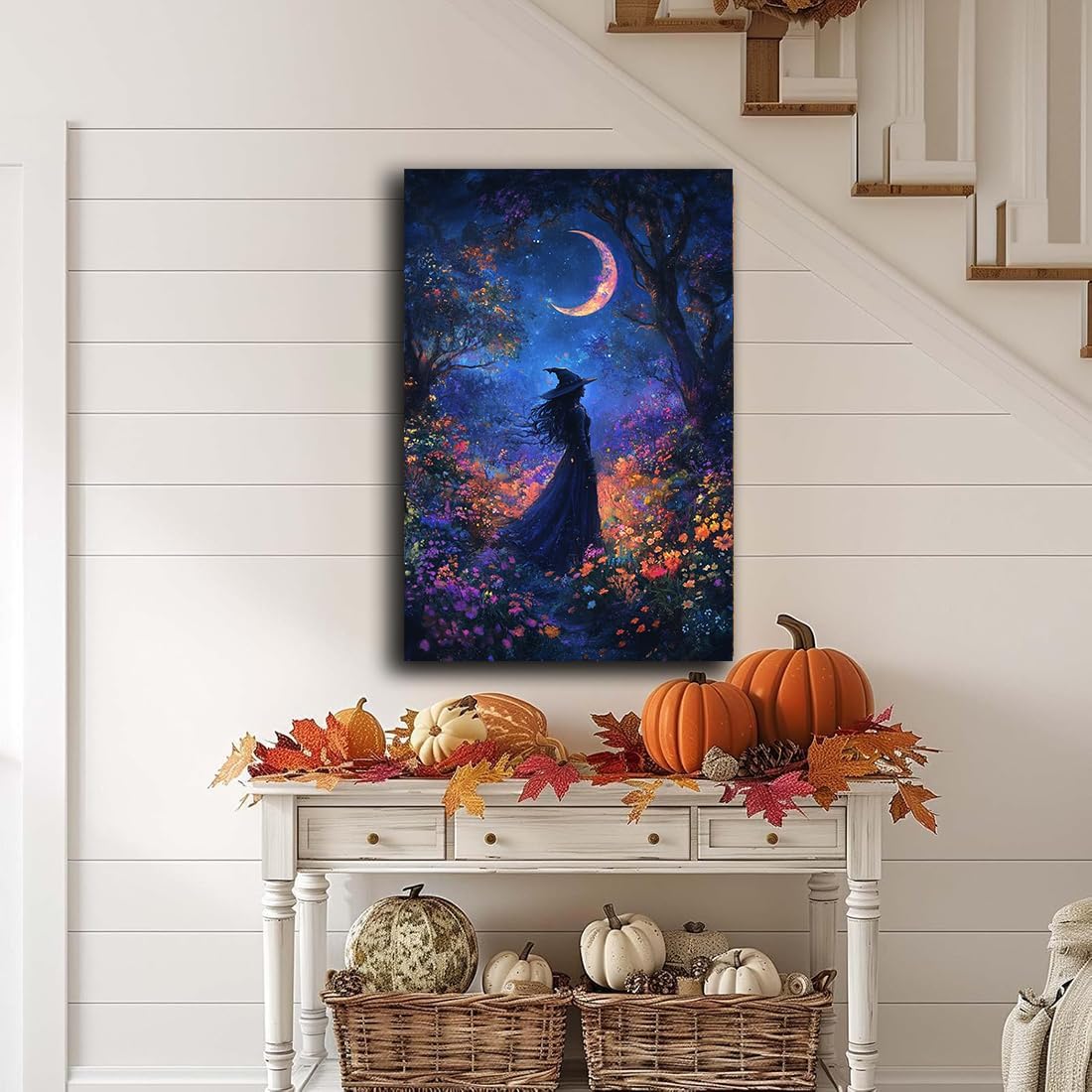 Vintage Halloween Witch Decor Mystic Gothic Wall Art Poster,Enchanting Witch Fall Whimsical Wildflowers Woodland Forest Crescent Moon Picture Art,Creepy Witchy Home Decor,24"x36" Unframed
