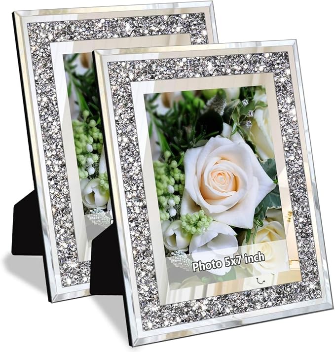 ALLARTONLY Crush Diamond Mirror Photo Frame In Bling Sparkle Crystal Silver Glass Finish, For Picture Size 5x7 inch, Pack of 2 Piece, table top Stand frame & Wall Frame
