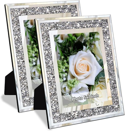 ALLARTONLY Crush Diamond Mirror Photo Frame In Bling Sparkle Crystal Silver Glass Finish, For Picture Size 5x7 inch, Pack of 2 Piece, table top Stand frame & Wall Frame