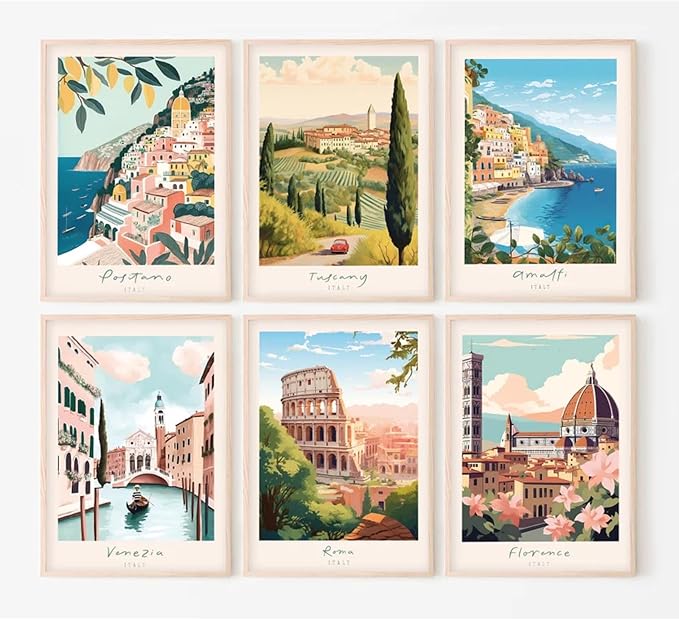 Tocliky Italian Italy Wall Art Decor Amalfi Coast Travel Poster Italy City Canvas Wall Art Vintage Landscape Beach Painting Artwork Modern for Bedroom Living Room 8x10 Prints Unframed Set of 6