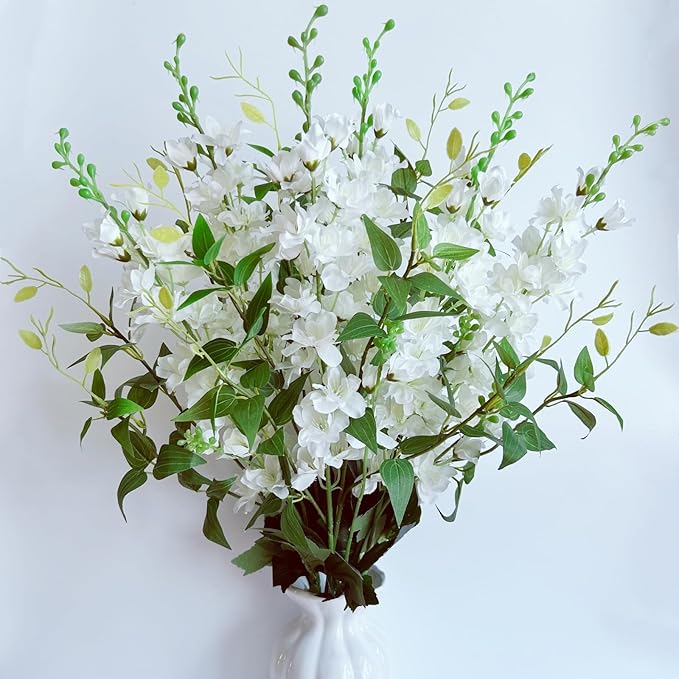 9 pcs Delphinium Artificial Flowers, 34.25''Artificial Snapdragon Flowers Tall Fake Flowers Silk Flowers Faux Delphinium Bulk for Tall Vase Home Wedding Garden Table Decor (White+A)