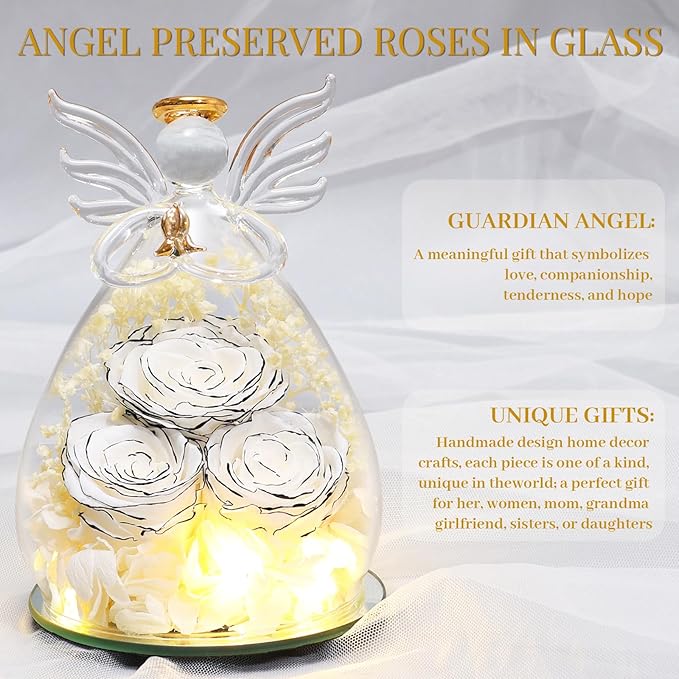 Beferr Mothers Day Mom Birthday Gifts for Women, Fresh Flowers for Delivery Forever Preserved Rose in Glass Angel Figurine, Anniversary Christian Real Rose for Grandma Nana Wife Mum from Daughter Son