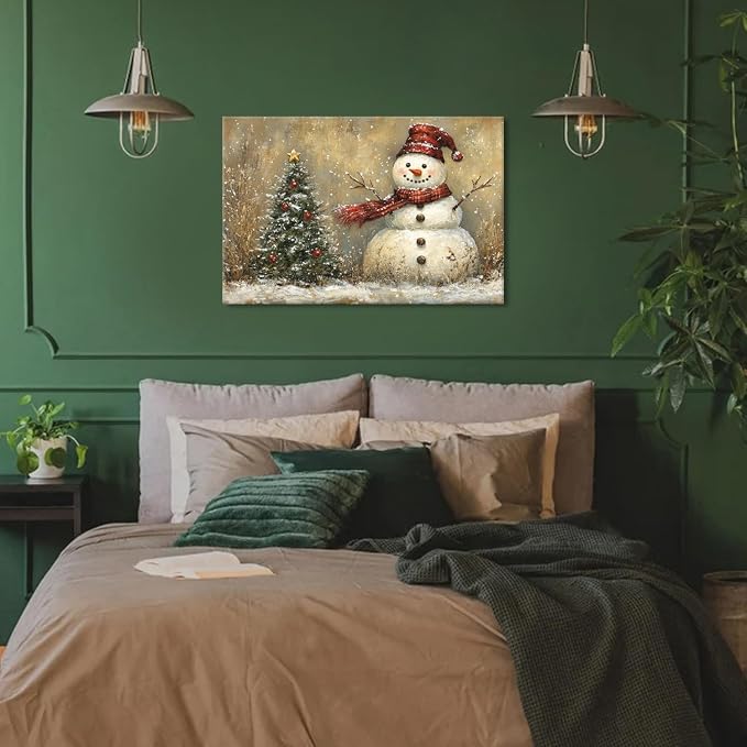 Vintage Christmas Wall Decor Christmas Tree Snowman Wall Art Pine Trees Botanical Snow Scene Winter Landscape Picture for Living Room Entryway Cabin Home Decoration Xmas Festival Holiday Artwork 20x30
