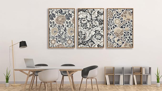 Large Flowers Wall Art for Living Room Natural Wood Float Framed Art Set of 3 William Morris Floral Canvas Pictures Vintage Artwork Botanical Canvas Poster Prints for Bedroom Wall Decor 32"X48"X3