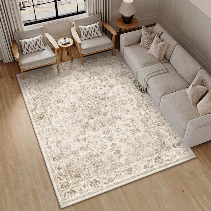 5x8 Washable Neutral Area Rug Beige Vintage Living Room Bedroom Carpet Non-Slip Soft Low Pile Farmhouse Indoor Throw Rug for Dining Room Entryway Office