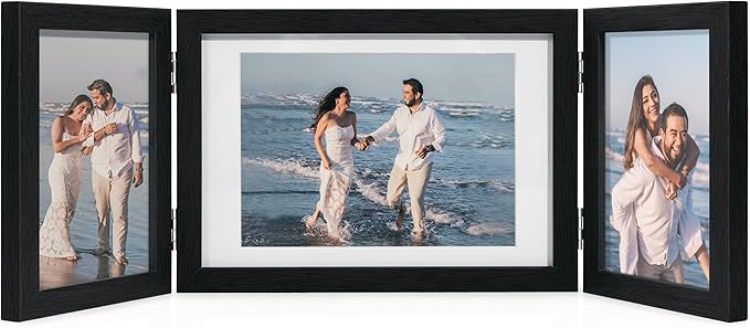 Afuly 5x7 Picture Frame Black 4x6 3 Picture Frames Collage Hinged Folding Triple Photo Frames Home Decor for Wall Desktop Christmas Wedding Birthday Gifts for Women Mom Grandma Family, 2*4x6+1*5x7