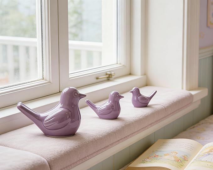 Small Purple Bird Statue Ceramic 2-Piece Set, 3¾ inch Cute Knick Knack for Home Office Shelf Desk Decor
