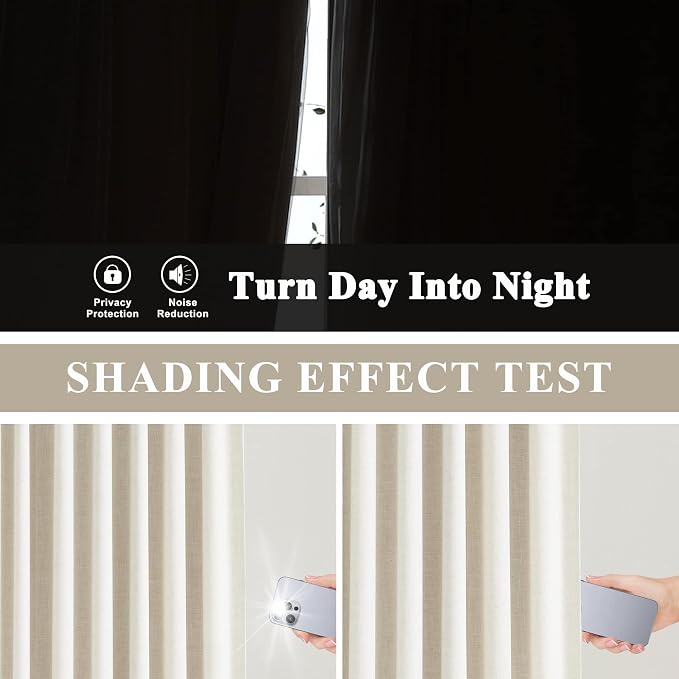 Vision Home Natural Pinch Pleated Full Blackout Curtains Linen Blended Room Darkening Window Curtains 108 inch for Living Room Bedroom Thermal Insulated Pinch Pleat Drapes with Hooks 60" Wx108 Lx1