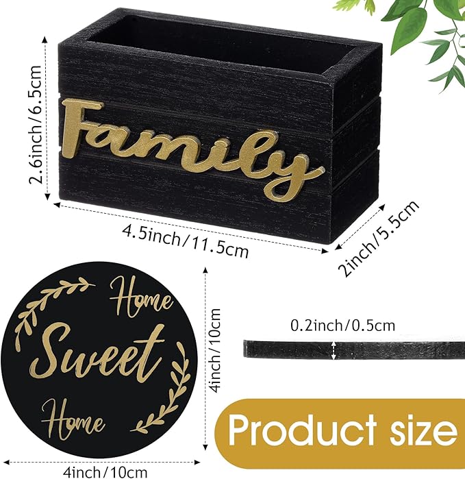 Queekay Coasters Set of 6 House Warming Gifts New Home Wooden Farmhouse Drink Coasters with Holder 4'' Funny Decoration for Kitchen Family Coffee Bar Tabletop Protection(Black Gold)